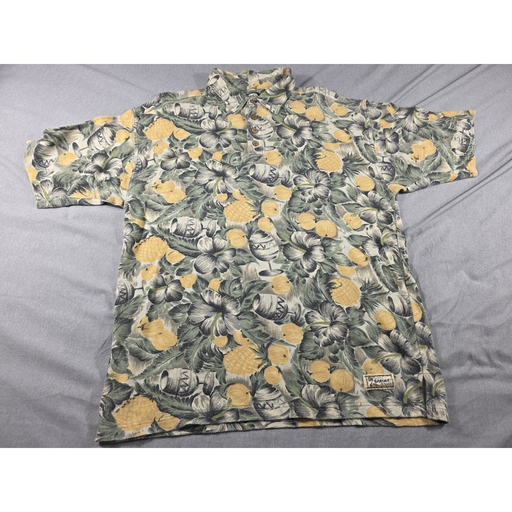 Vtg Tommy Bahama Polo Shirt Men‎ Large Hawaiian Floral Fruit Yellow Green